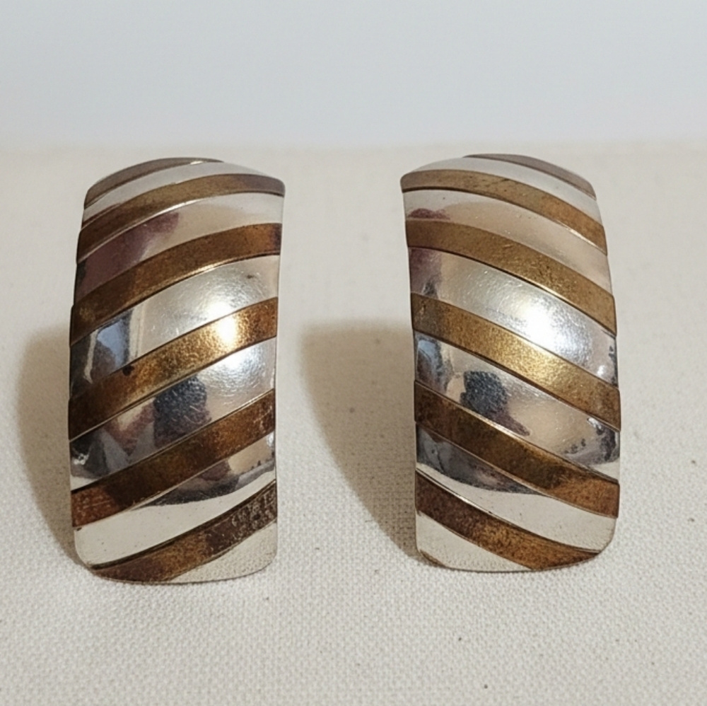 Vintage 80's Modernist Sterling Silver & Brass Earrings Sculptural Two Tone